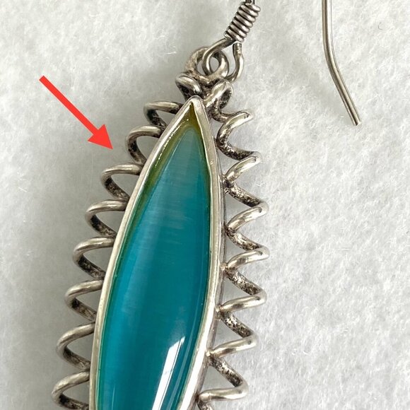 Sterling Silver 925 Marquise Turquoise Blue Cats Eye Spiral Dangle Earrings - Picture 5 of 16